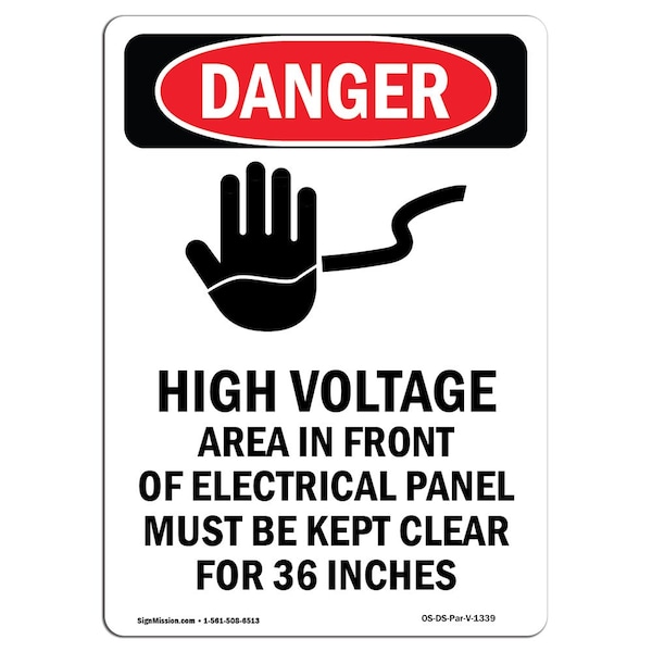 Safety Sign, OSHA Danger, 5" Height, High Voltage Area In, Portrait, 10PK